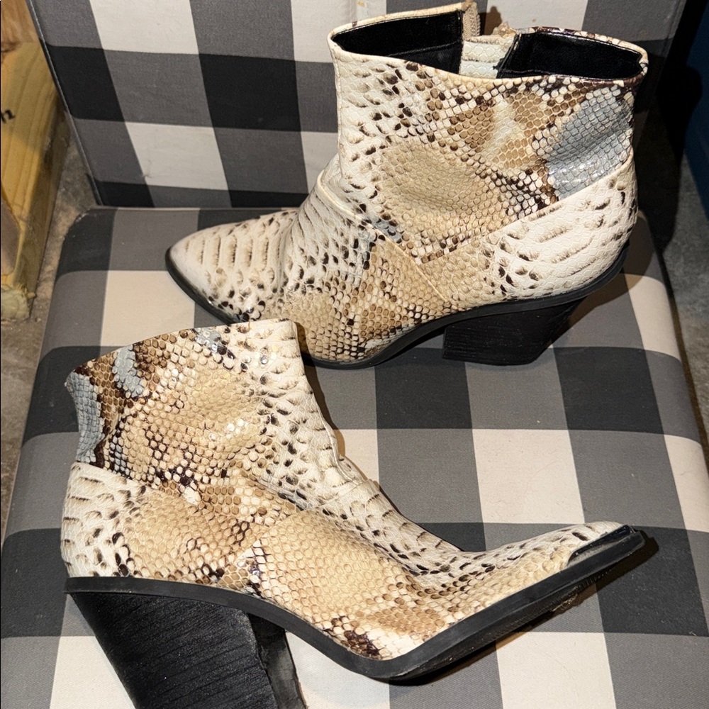 Report Cream and Brown Snake-Print Ankle Boots